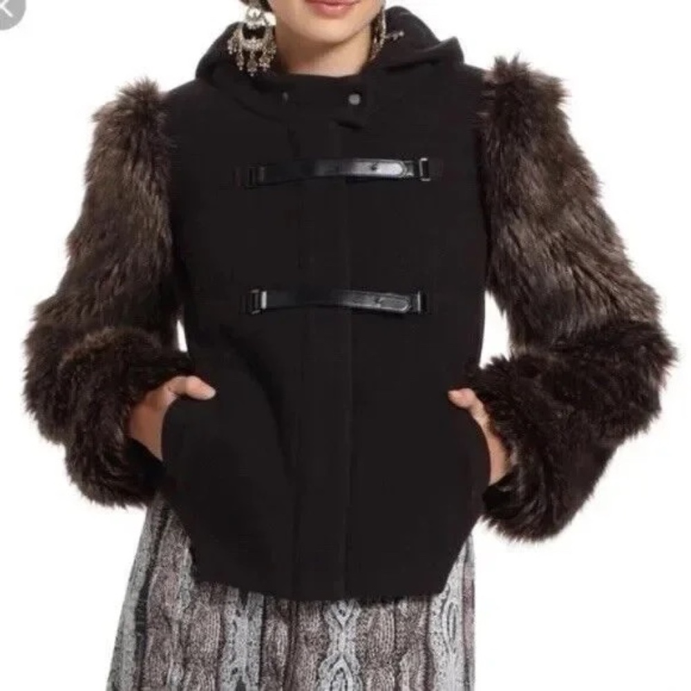 ANTHROPOLOGIE LEIFSDOTTIR HARLOW HOODED WOOL JACKET/COAT WITH FUR SLEEVES